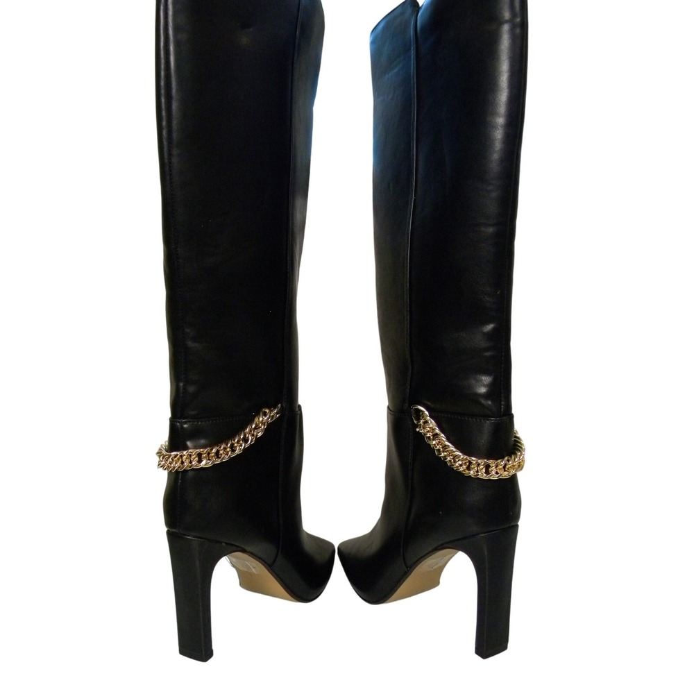 Express Women's Black Tall Boot Heel Gold‎ Chain Size 8 Sexy Vegan Leather Hot - Picture 5 of 7